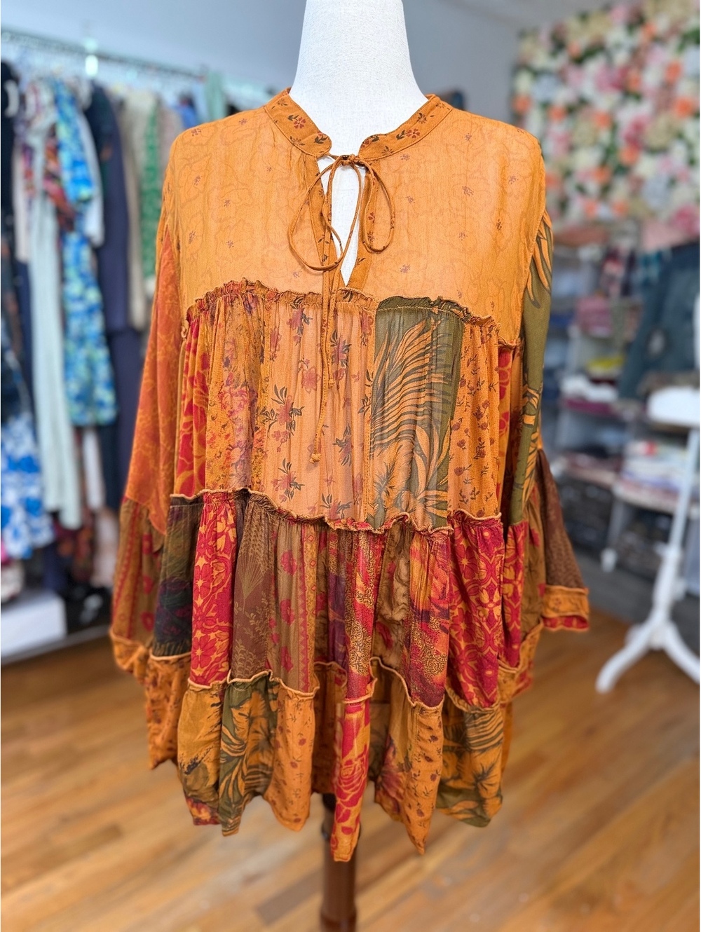 YOUNG THREADS Camel Patchwork Jhabla Boho Tunic Top NWT 2X